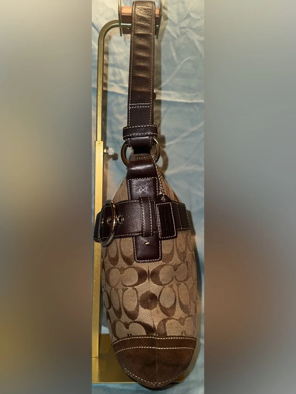 Coach 3574 Soho Signature Jacquard Tan & Brown with Brown Suede Shoulder Bag